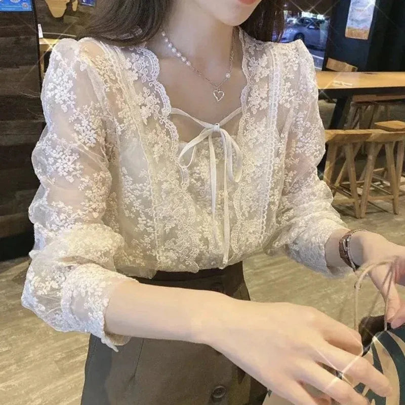 Vintage Lace Puff Long Sleeve Crochet Blouse