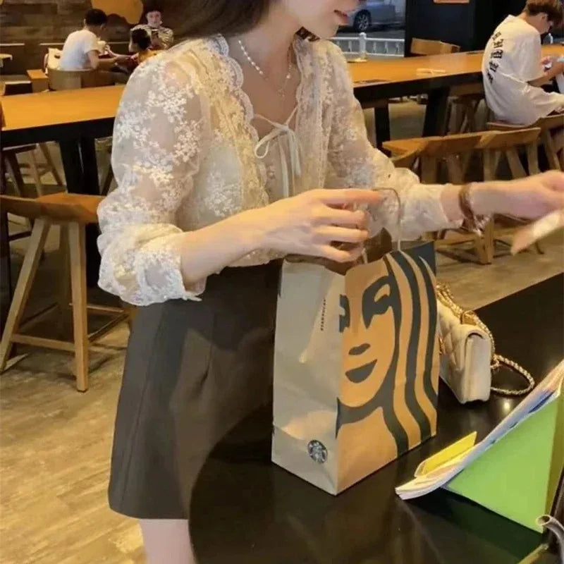 Vintage Lace Puff Long Sleeve Crochet Blouse