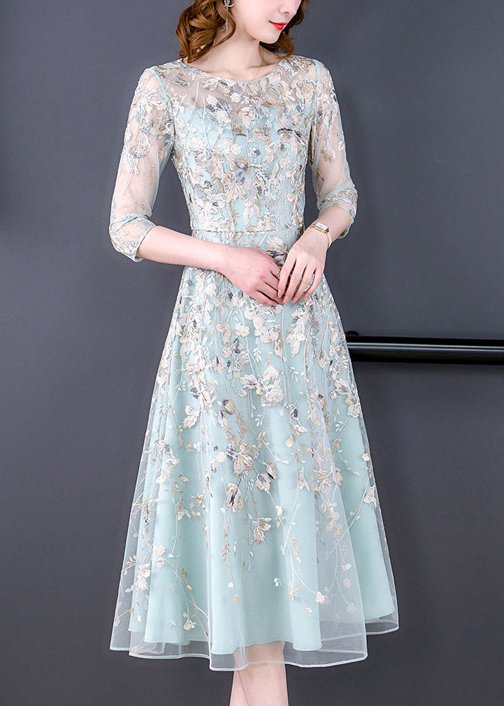 Floral Embroidered Sheer Mesh Three Quarter A-Line Midi Dress - View 2