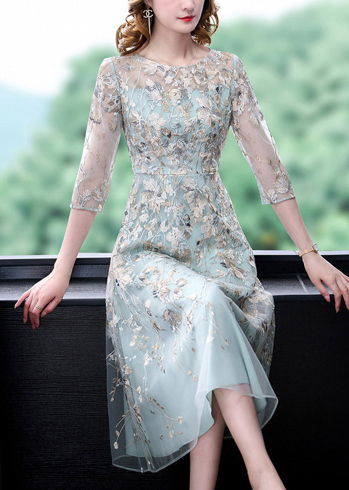 Floral Embroidered Sheer Mesh Three Quarter A-Line Midi Dress - View 4