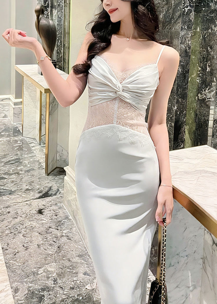 Lace Waist Panel Sweetheart Spaghetti Strap Bodycon Midi Dress