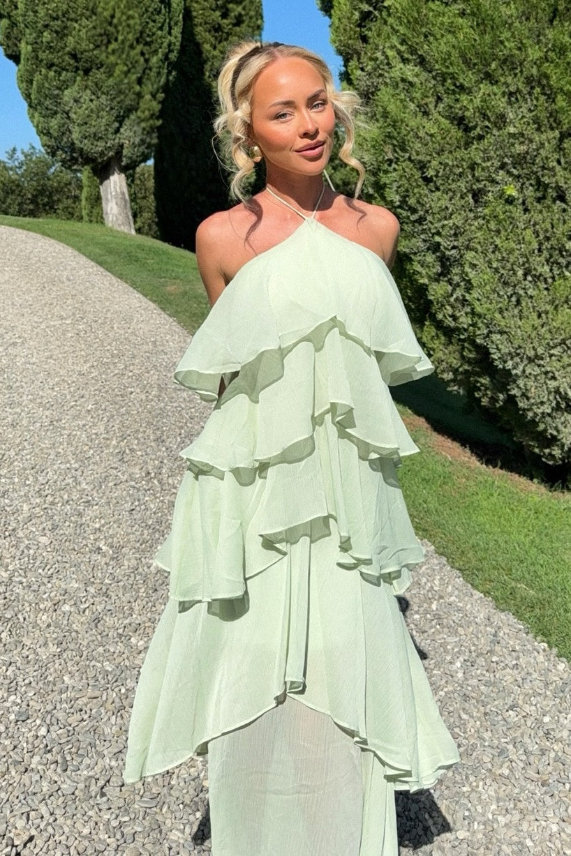 Chic A Line Halter Neck Light Green Long Prom Dress with Ruffles