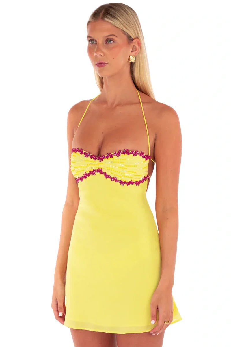 Chic A Line Spaghetti Straps Yellow Short Homecoming Dress with Sequins