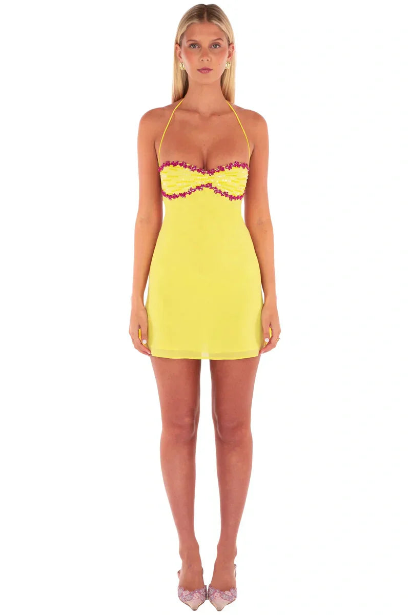 Chic A Line Spaghetti Straps Yellow Short Homecoming Dress with Sequins