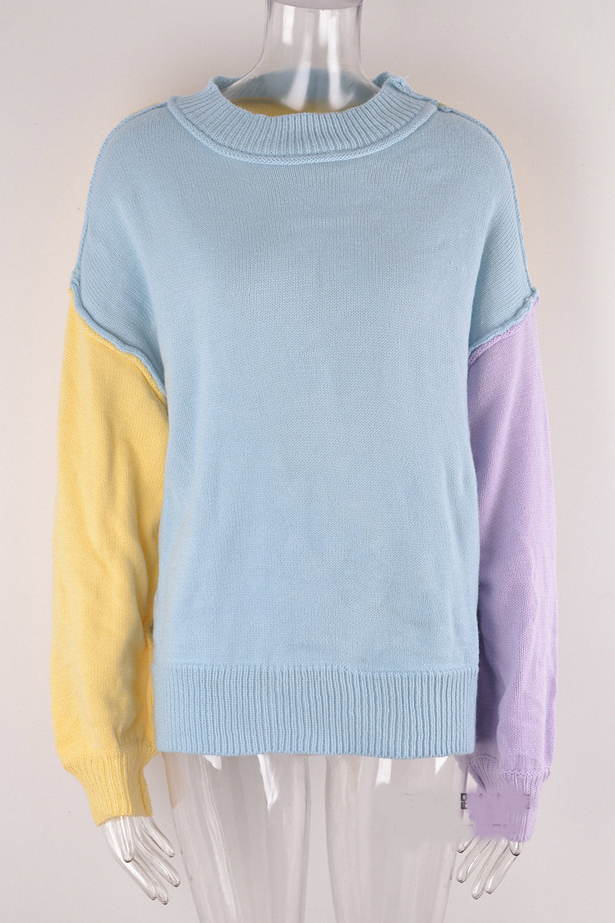 Chic Color Block Sky Blue Knitted Sweater  Fashionpara