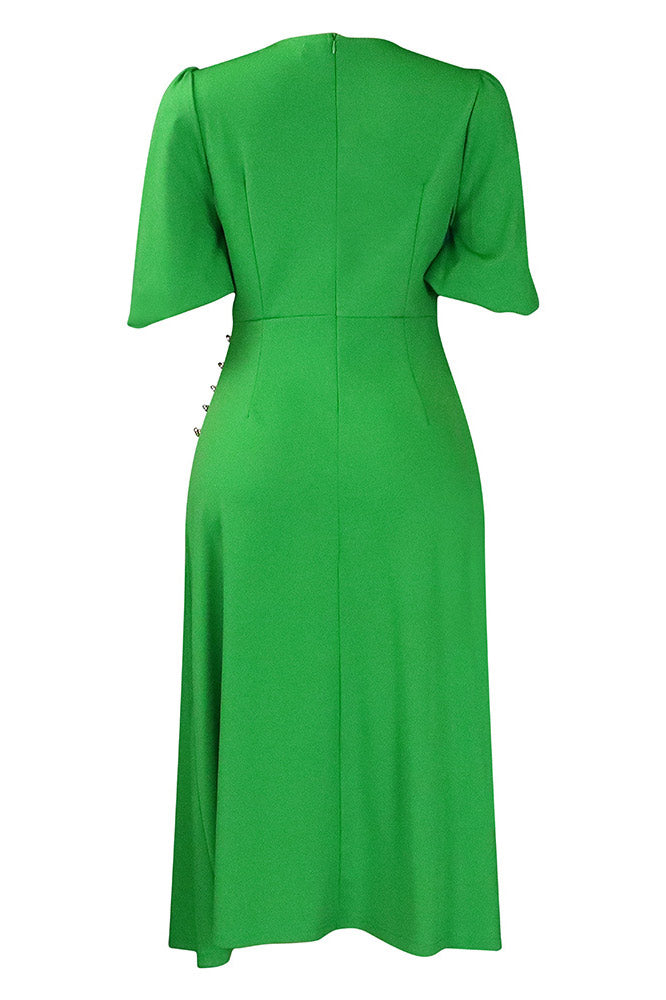 Puff Sleeve Round Neck Ruched A-Line Midi Dress