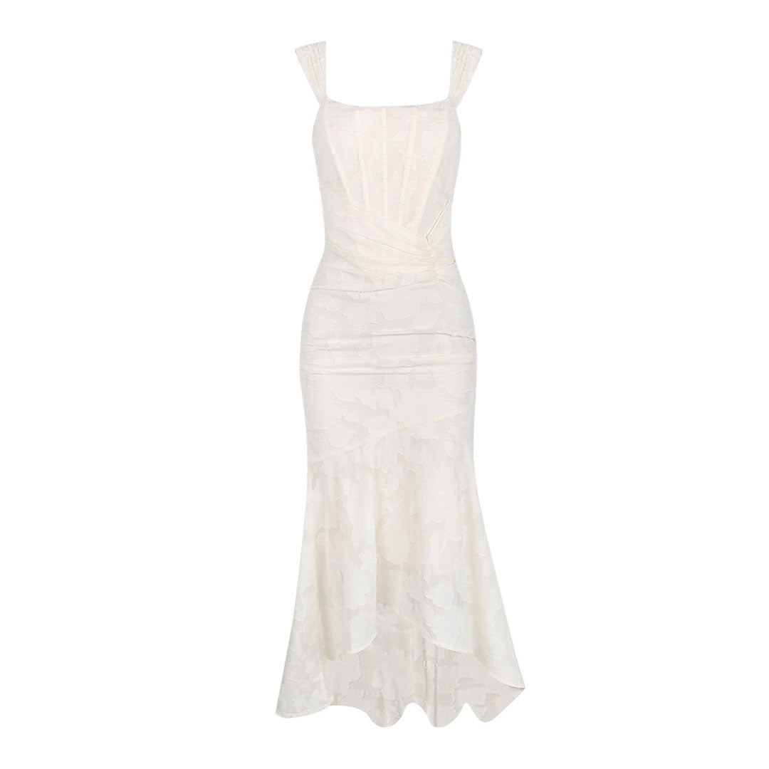 Chic Square Neck Sleeveless High Low Floral Jacquard Corset Formal Dress - Fashionpara