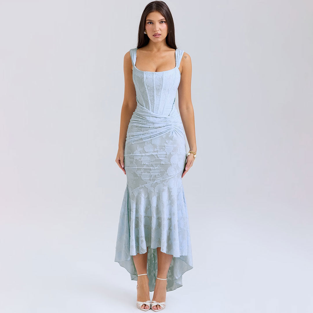 Chic Square Neck Sleeveless High Low Floral Jacquard Corset Formal Dress - Fashionpara