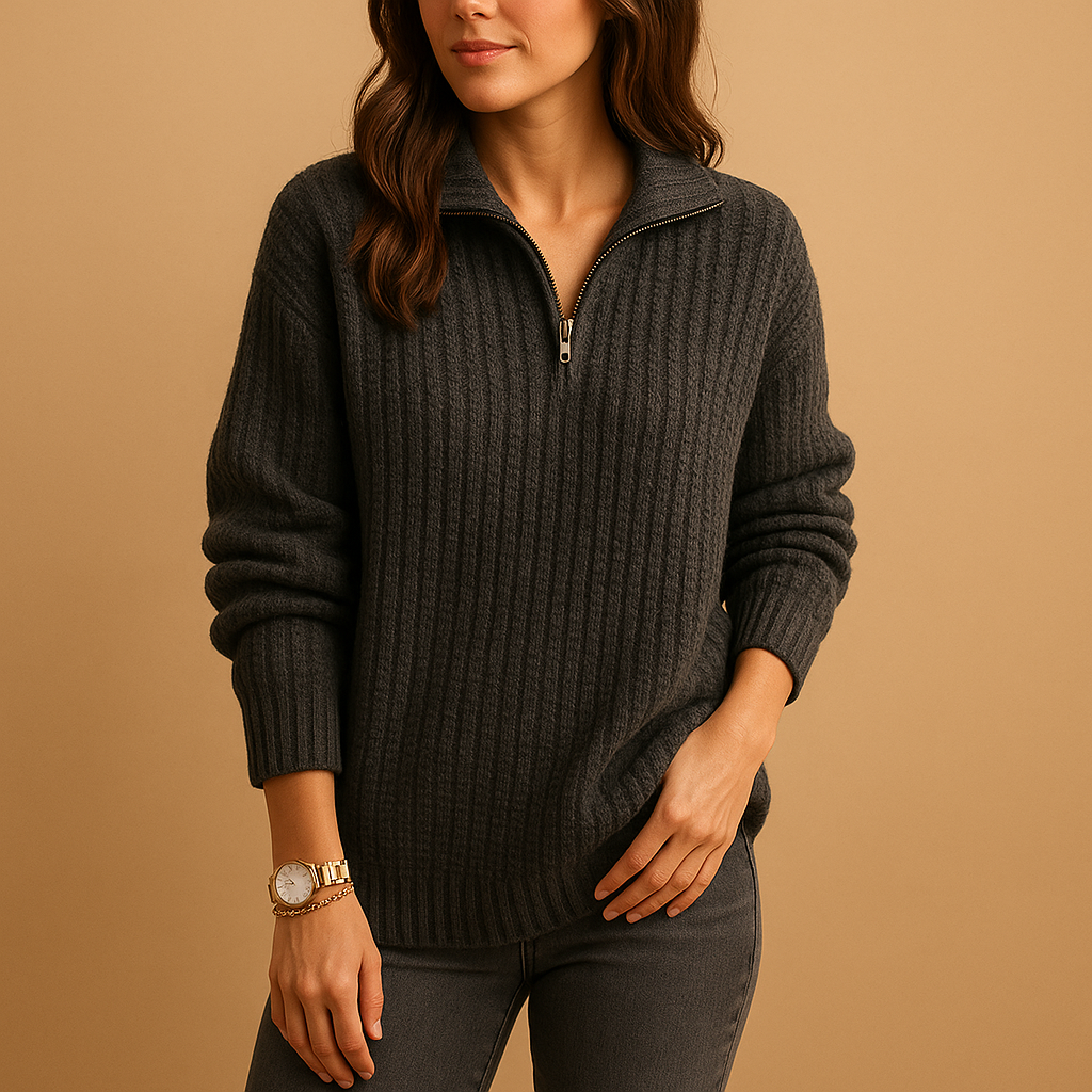 Half Zip Ribbed Long Sleeve Collared Sweater 2