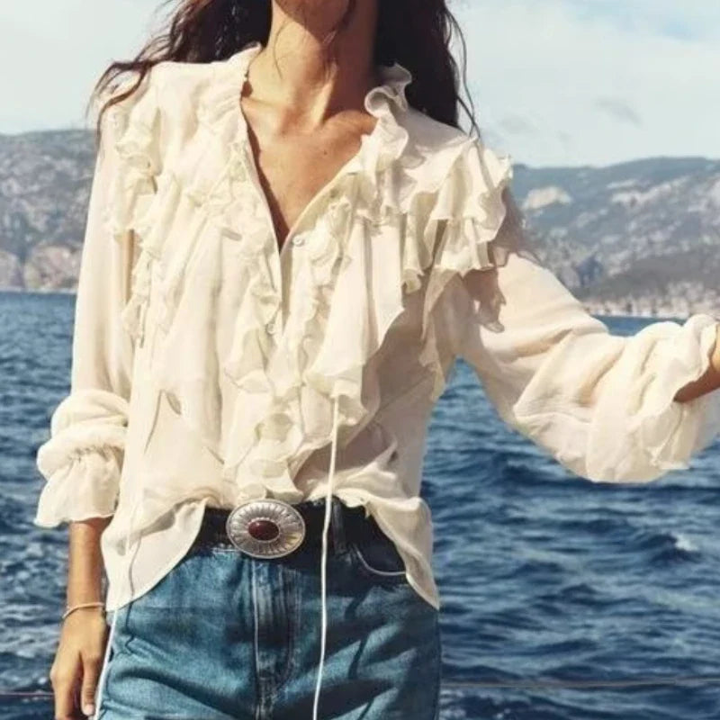 Chiffon Ruffles Bow Tie Long Sleeve Boho Blouse