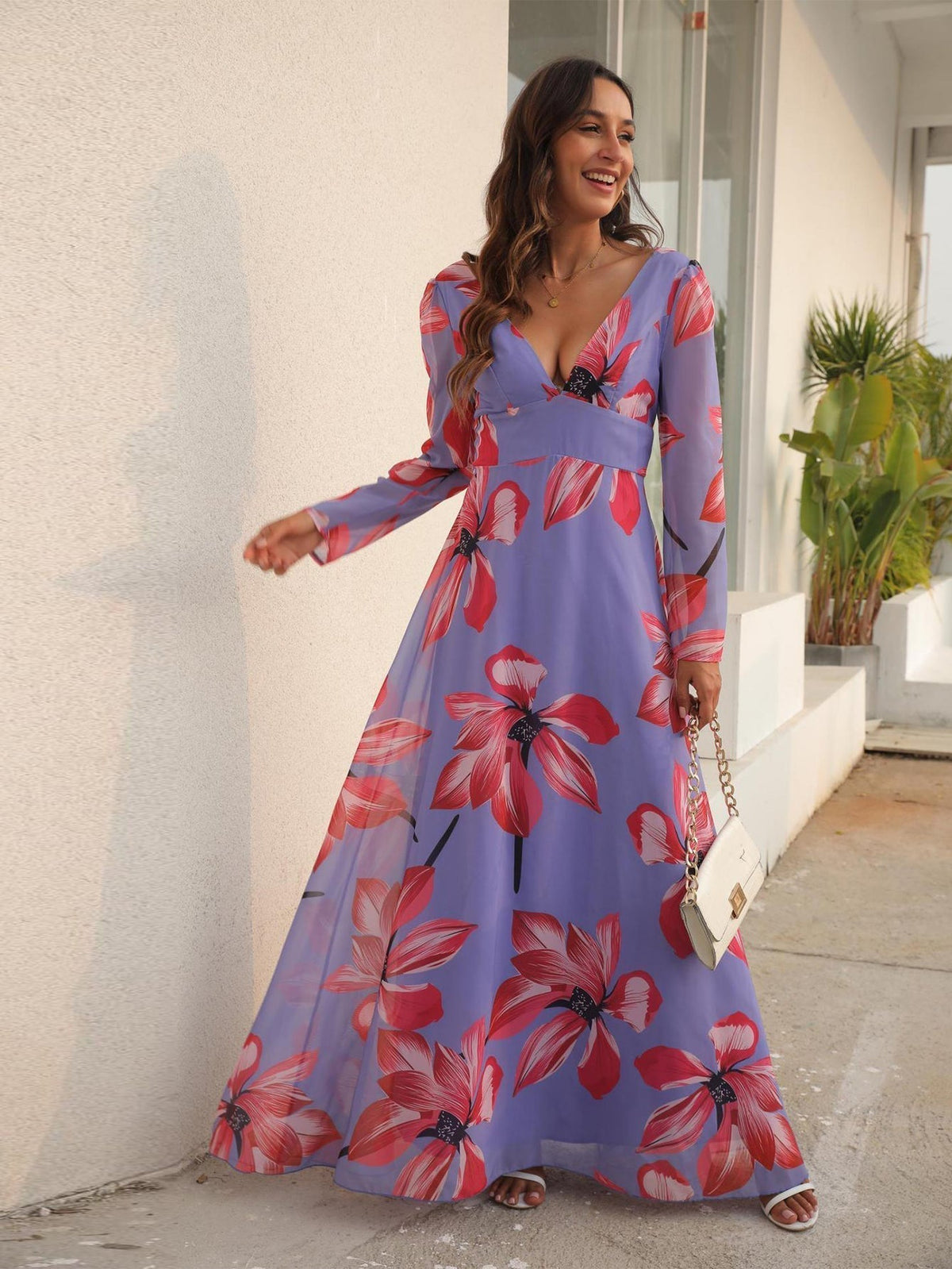 Floral Print V-Neck Long Sleeve Empire Maxi Dress