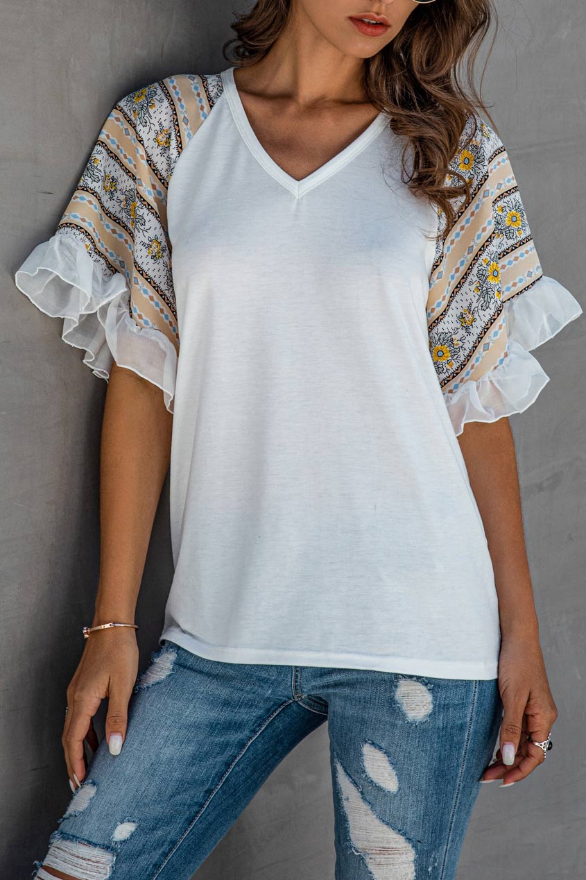 Chiffon Patchwork Floral Ruffle Sleeve T-shirt - Fashionpara