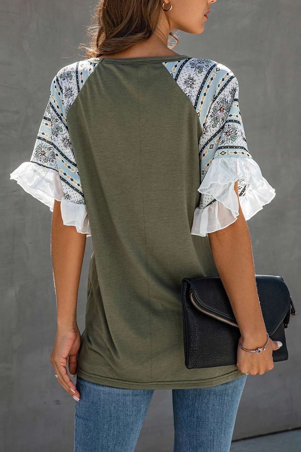 Chiffon Patchwork Floral Ruffle Sleeve T-shirt - Fashionpara