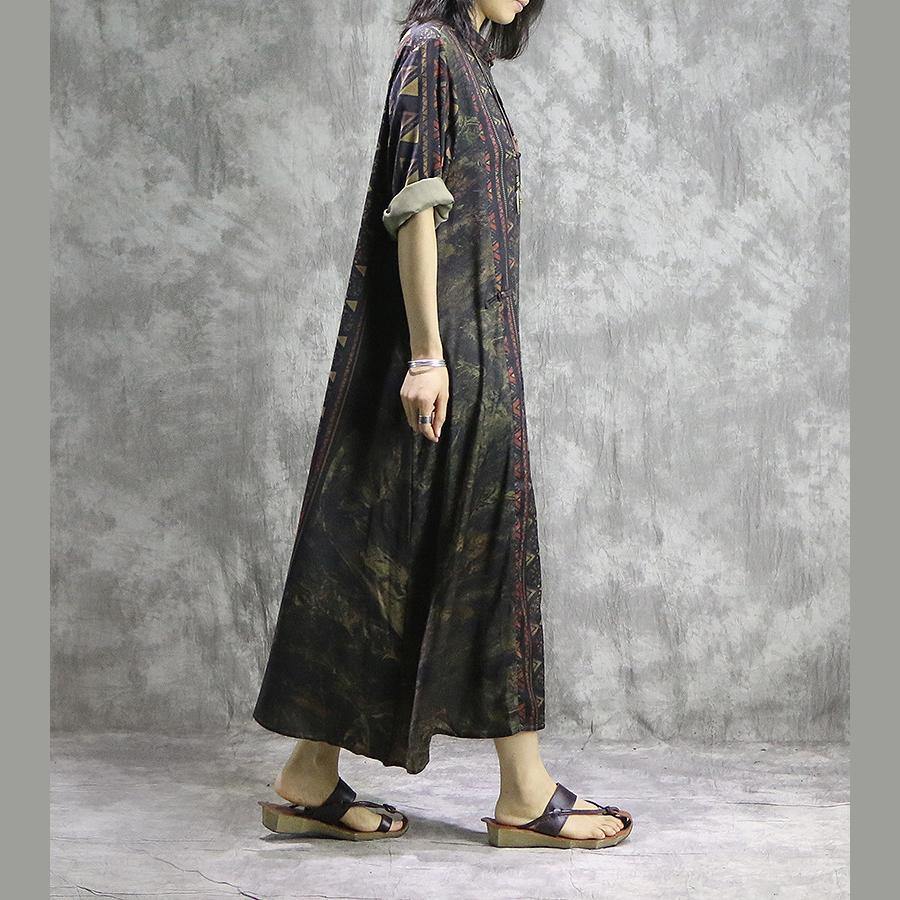 Mandarin Collar Long Sleeve Abstract Print Toggle Maxi Dress - View 3