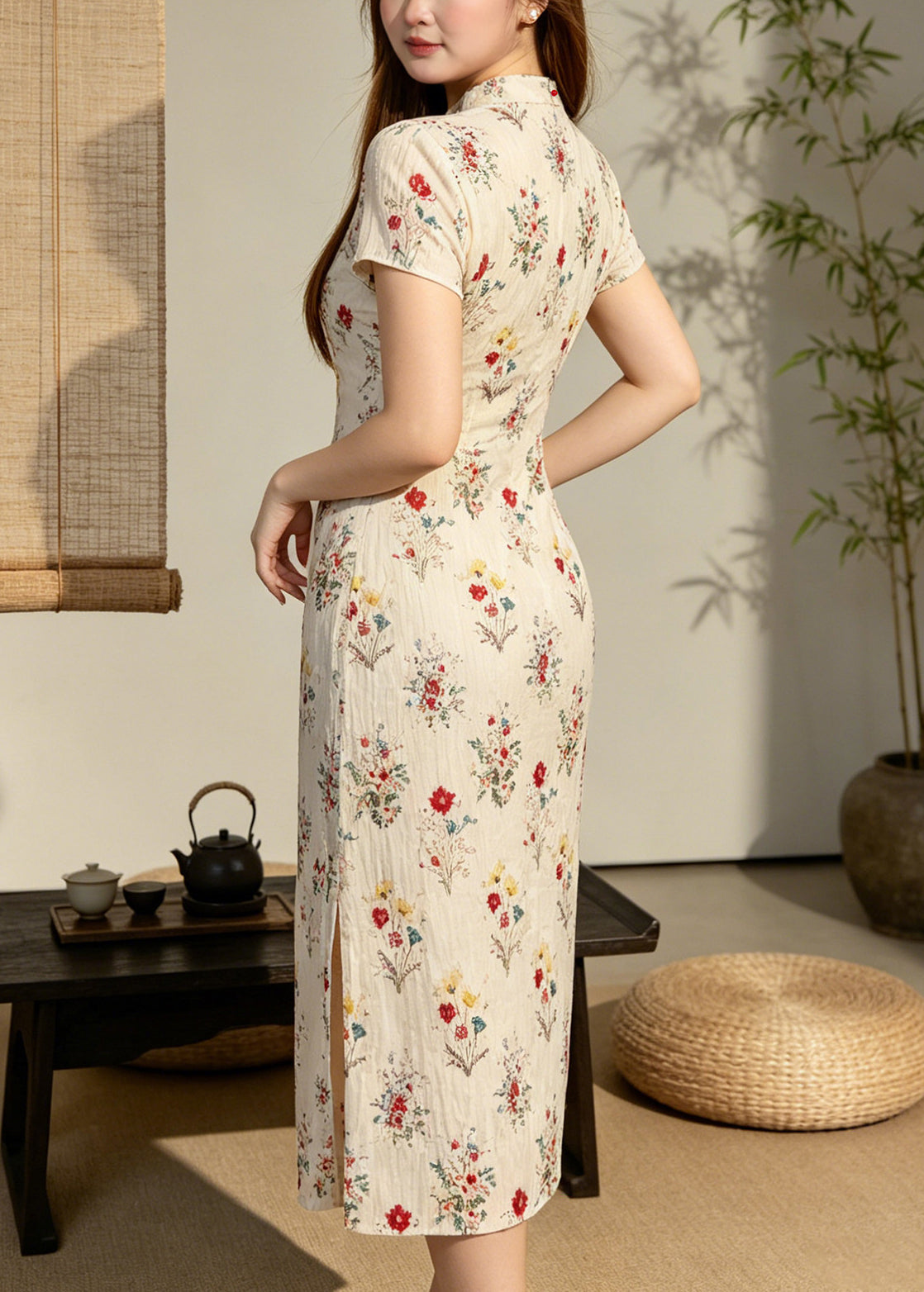 Crinkled Plissé Mandarin Collar Keyhole Frog Closure Midi Dress - View 5