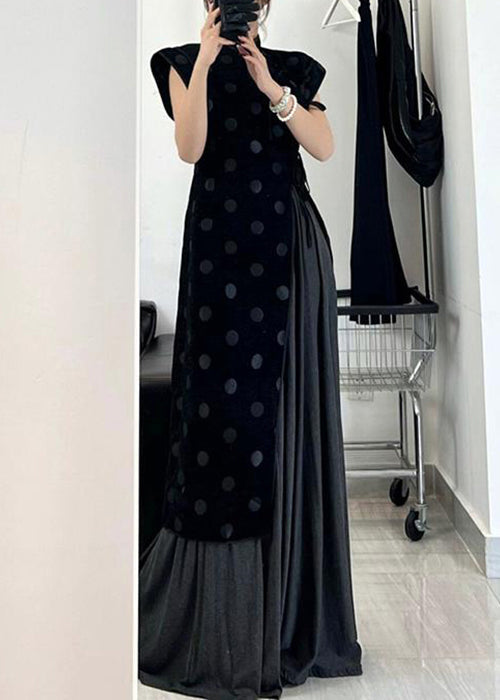 Velvet Polka Dot Mock Neck Sleeveless Asymmetrical Maxi Dress - View 2