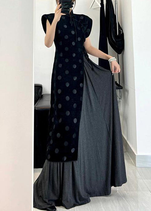 Velvet Polka Dot Mock Neck Sleeveless Asymmetrical Maxi Dress - View 3