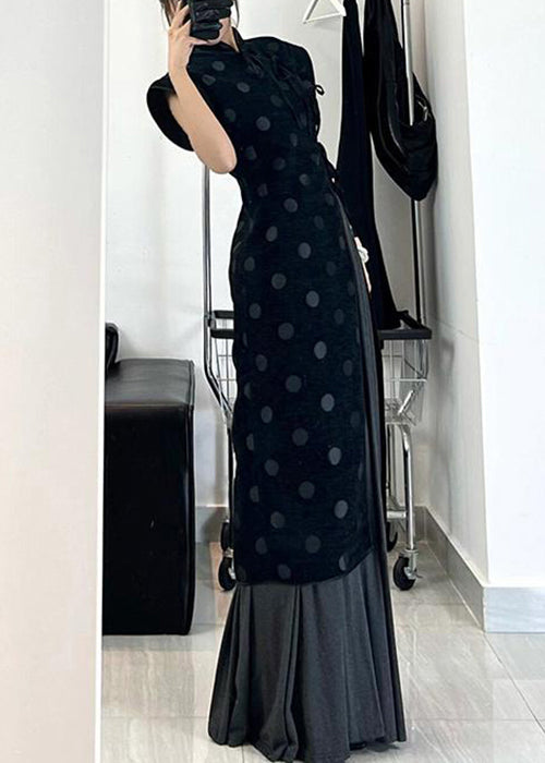 Velvet Polka Dot Mock Neck Sleeveless Asymmetrical Maxi Dress - View 4