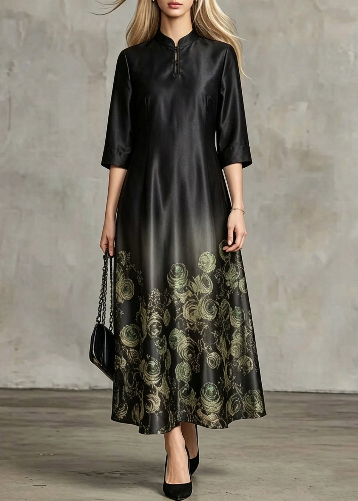 Mandarin Collar Keyhole Rose Print Gradient Hem Midi Dress