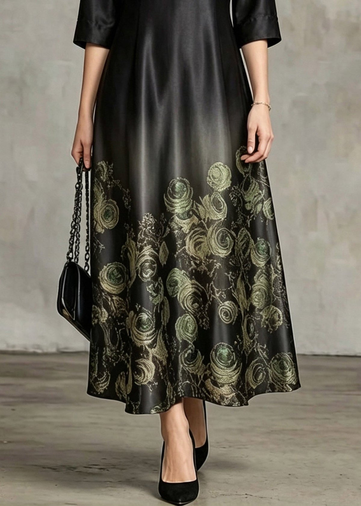 Mandarin Collar Keyhole Rose Print Gradient Hem Midi Dress - View 4