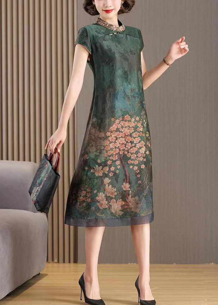 Landscape Print Organza Mandarin Collar Cap Sleeve Midi Dress