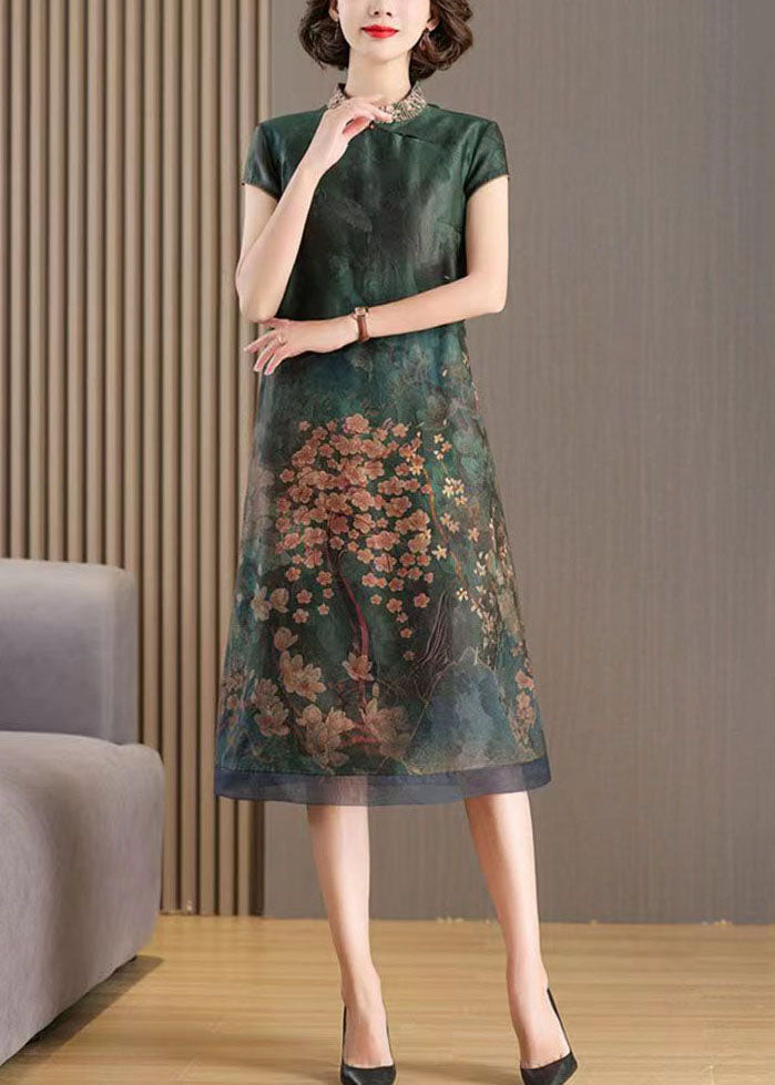 Landscape Print Organza Mandarin Collar Cap Sleeve Midi Dress - View 2