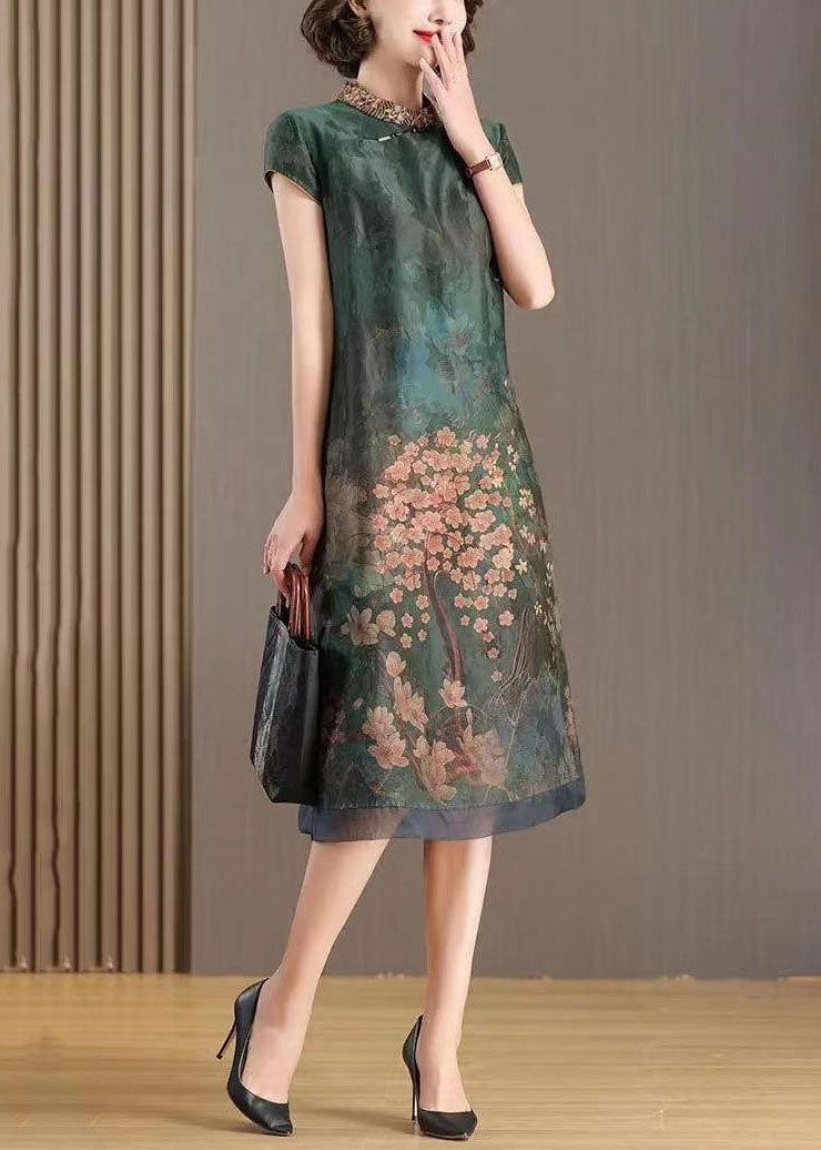 Landscape Print Organza Mandarin Collar Cap Sleeve Midi Dress - View 4