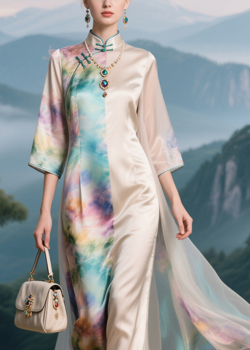 Mandarin Collar Frog Button Split Panel Floral Print Maxi Gown - View 2