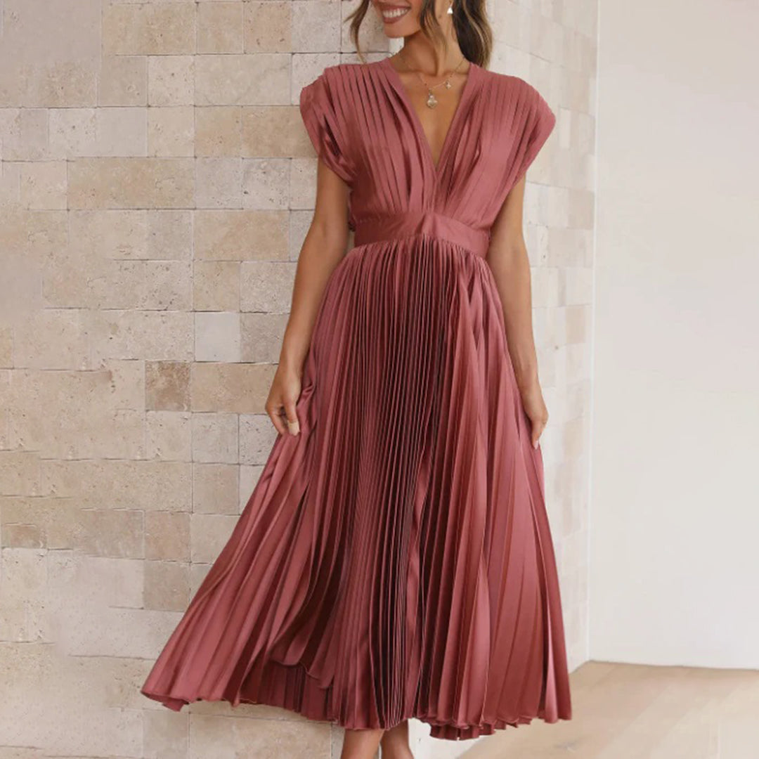 Pleated Satin Deep V-Neck Sleeveless Midi Dress 10