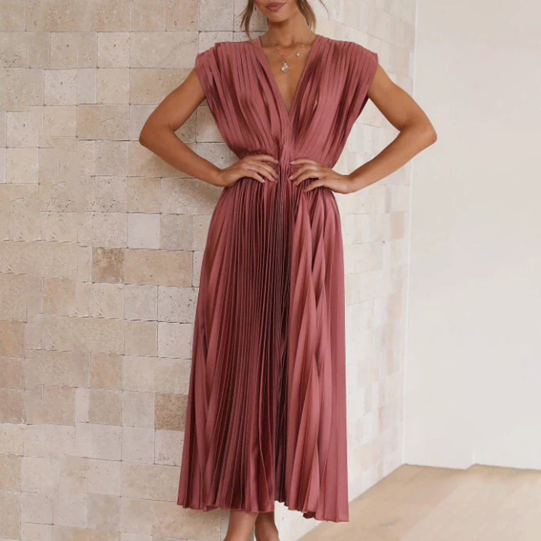 Pleated Satin Deep V-Neck Sleeveless Midi Dress 11