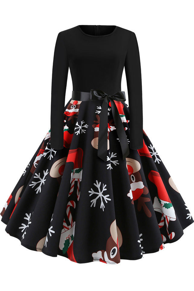Christmas Long-sleeve Retro Printed Dress - Mislish