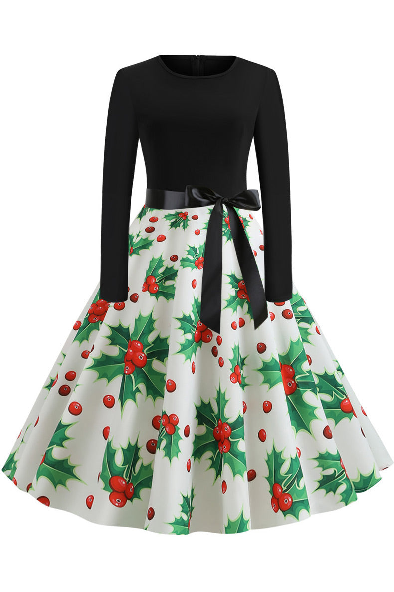 Christmas Printed Belt A-line Vintage Dress - Mislish