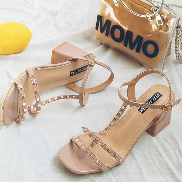Open-toe Chunky Heel Sandals Decor With Rivet - Mislish