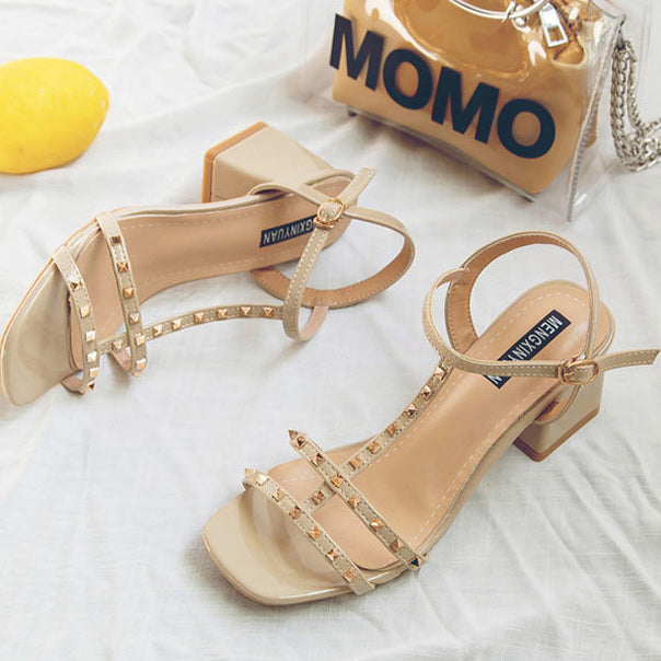 Open-toe Chunky Heel Sandals Decor With Rivet - Mislish