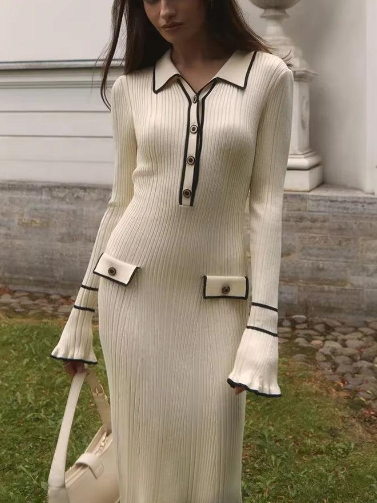 Ribbed Knit Collared Long Sleeve Button-Front Midi Dress 2