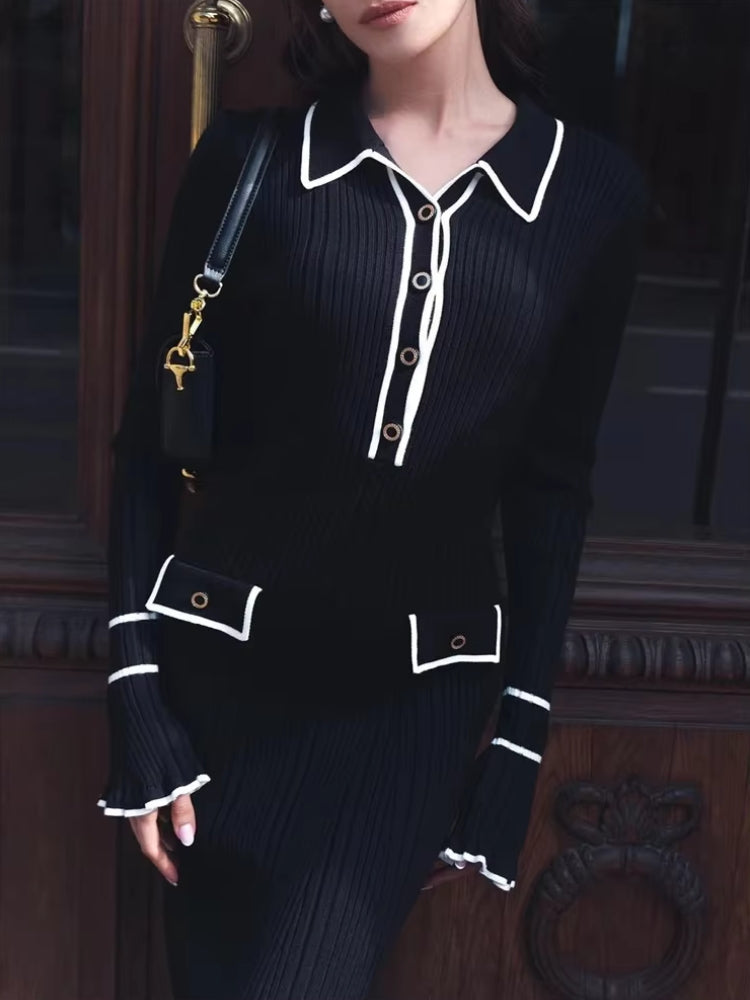 Ribbed Knit Collared Long Sleeve Button-Front Midi Dress 5