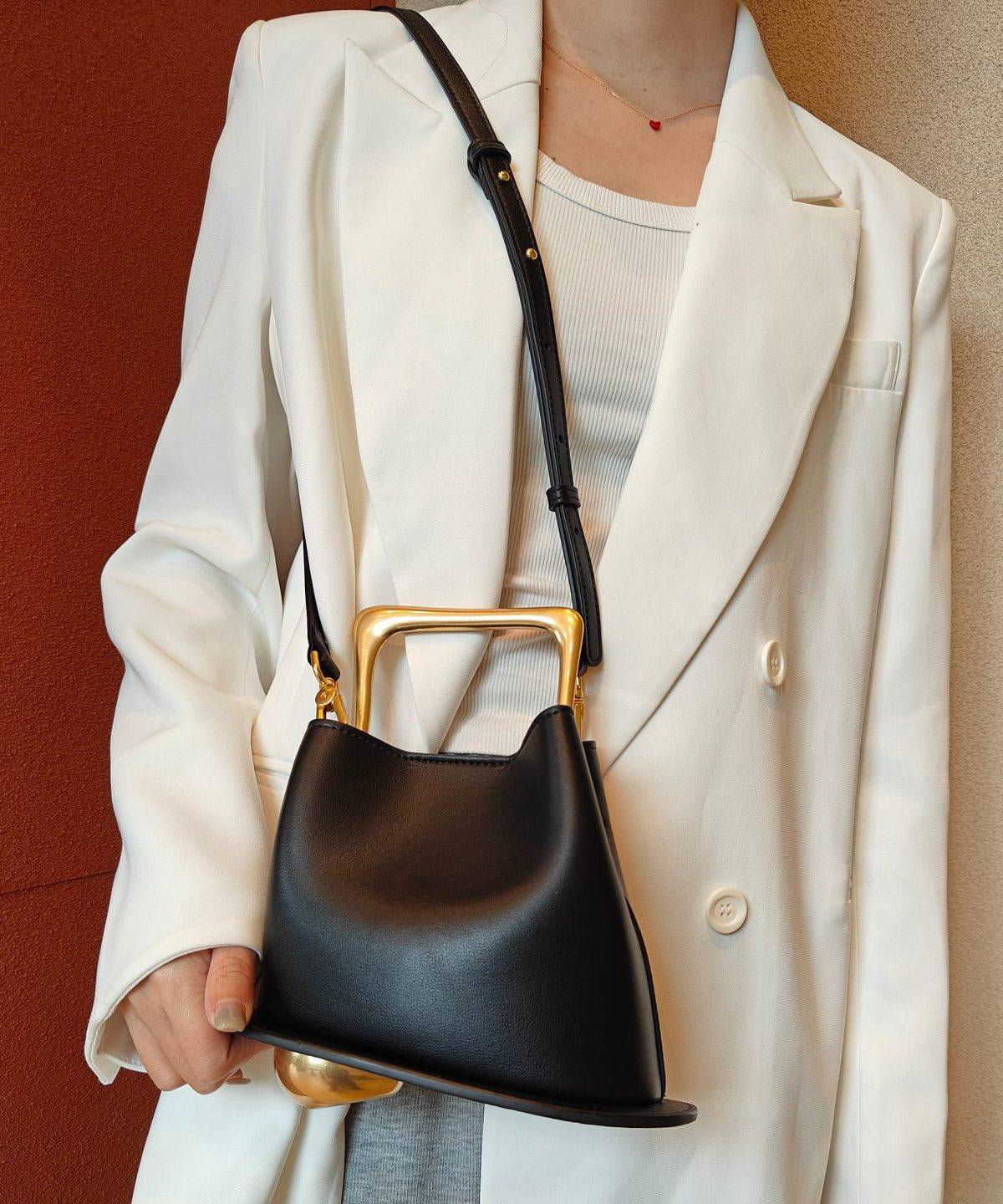 Classy Black Asymmetric Design Calf Leather Satchel Handbag