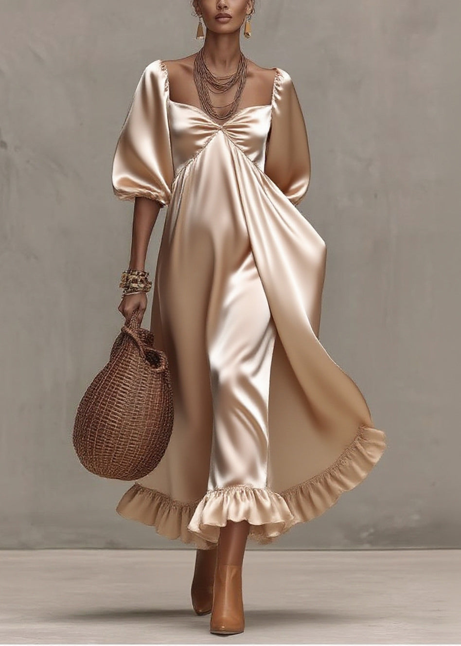 Satin Deep V-Neck Puff Sleeve Empire Waist Draped Midi Dress