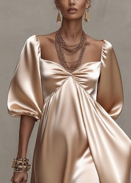 Satin Deep V-Neck Puff Sleeve Empire Waist Draped Midi Dress - View 2