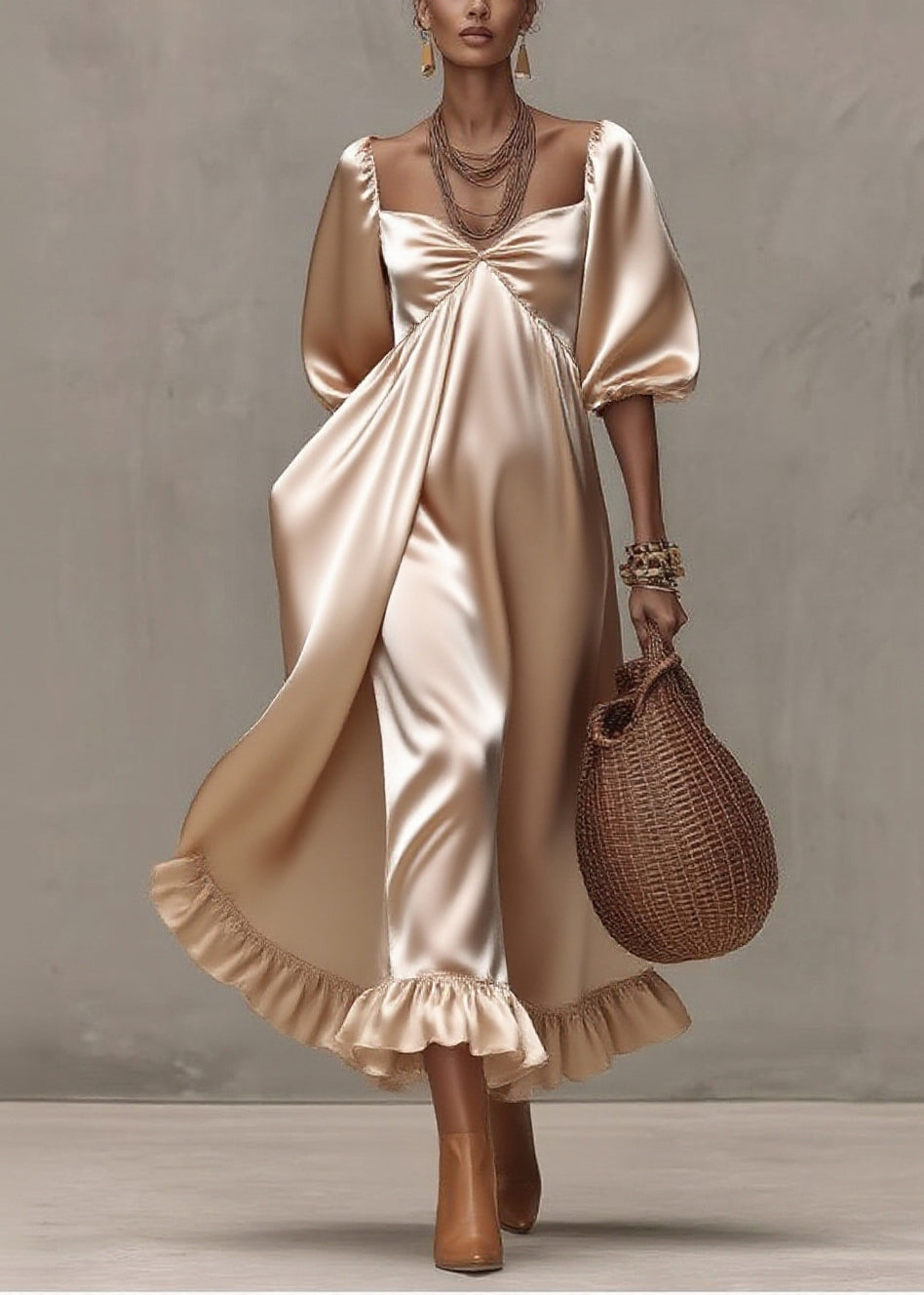 Satin Deep V-Neck Puff Sleeve Empire Waist Draped Midi Dress - View 3