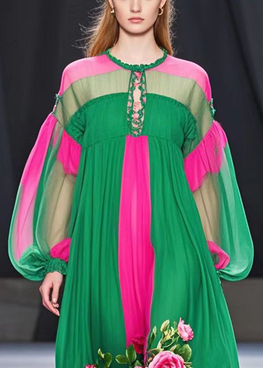 Colorblock Keyhole Lace Up Lantern Sleeve Floral Applique Midi Dress - View 2
