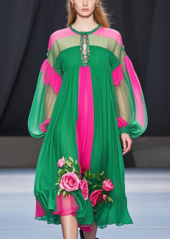 Colorblock Keyhole Lace Up Lantern Sleeve Floral Applique Midi Dress - View 3