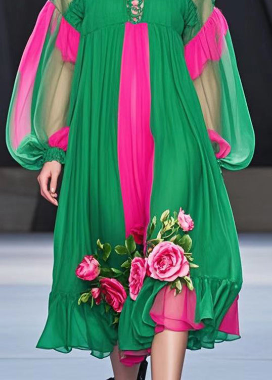 Colorblock Keyhole Lace Up Lantern Sleeve Floral Applique Midi Dress - View 4