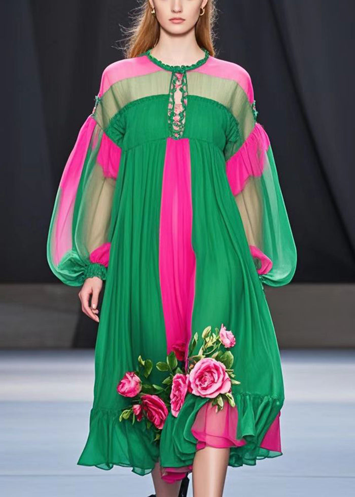 Colorblock Keyhole Lace Up Lantern Sleeve Floral Applique Midi Dress - View 5