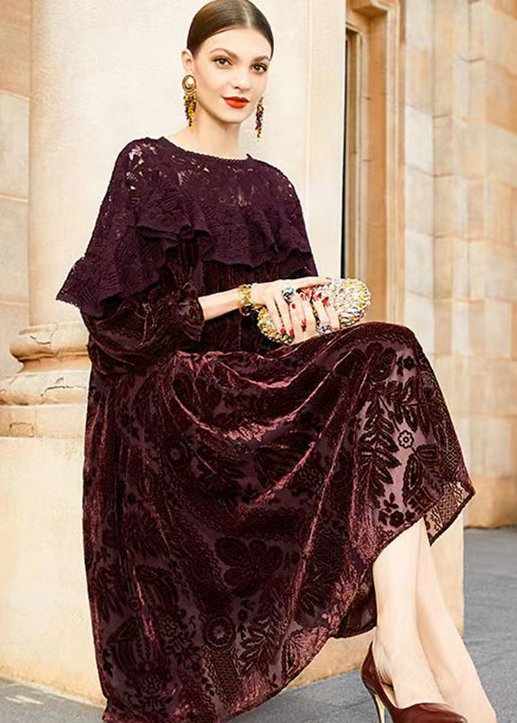 Velvet Burnout Floral Lace Ruffle Long Sleeve Oversized Midi Dress - View 2