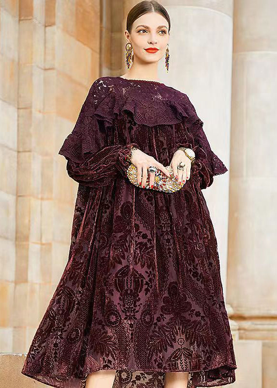 Velvet Burnout Floral Lace Ruffle Long Sleeve Oversized Midi Dress - View 3