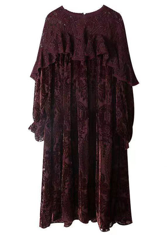 Velvet Burnout Floral Lace Ruffle Long Sleeve Oversized Midi Dress - View 5