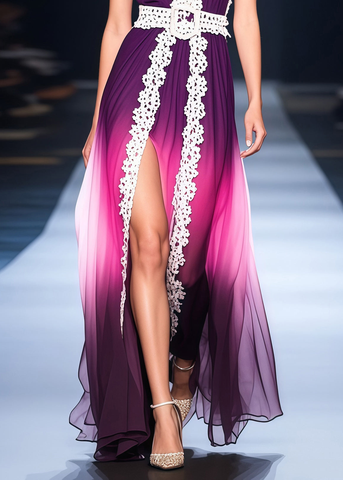 Spaghetti Strap Deep V-Neck Chiffon Lace Trim Pleated Maxi Gown - View 4