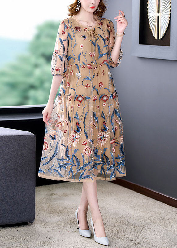 Embroidered Butterfly Mesh Lace Up Neck Tiered Bell Sleeve Midi Dress