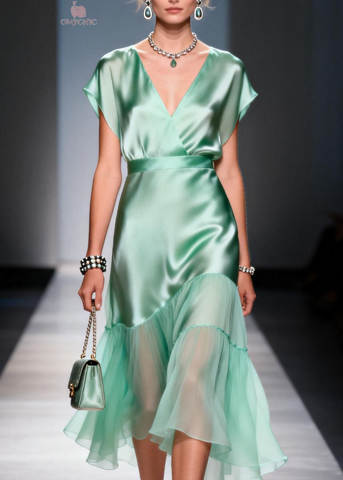 Cap Sleeve V-Neck Wrap Satin Tiered Chiffon Ruffle Midi Dress - View 2